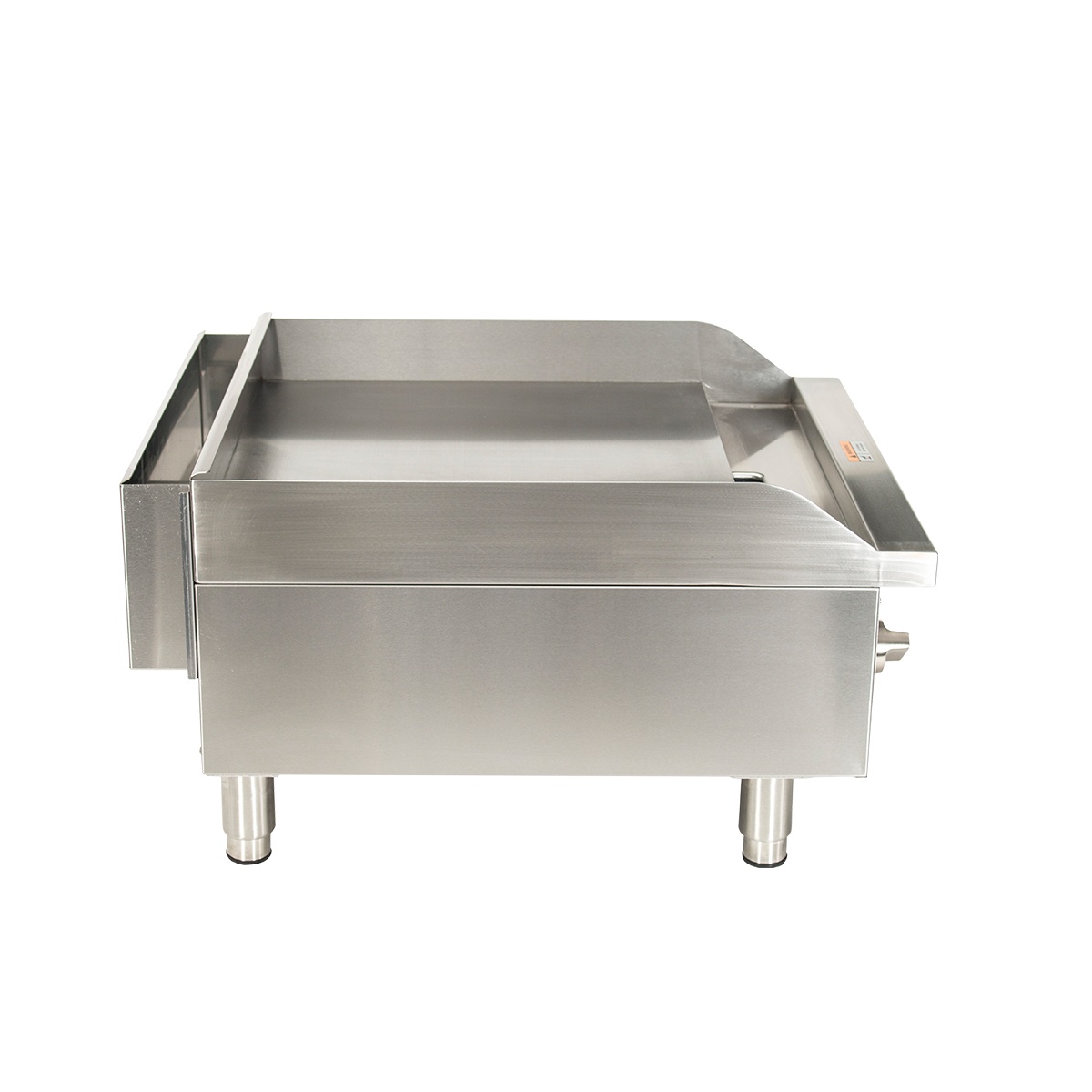 Side view of Globe GG24G stainless steel countertop griddle showing splash guard and body