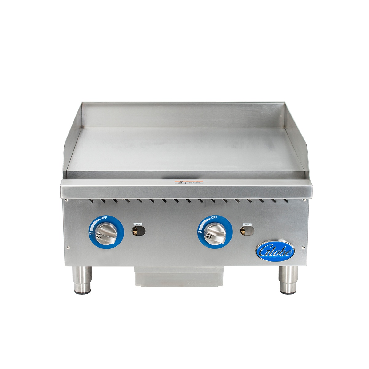 Front view of Globe GG24G countertop gas griddle with two manual control knobs