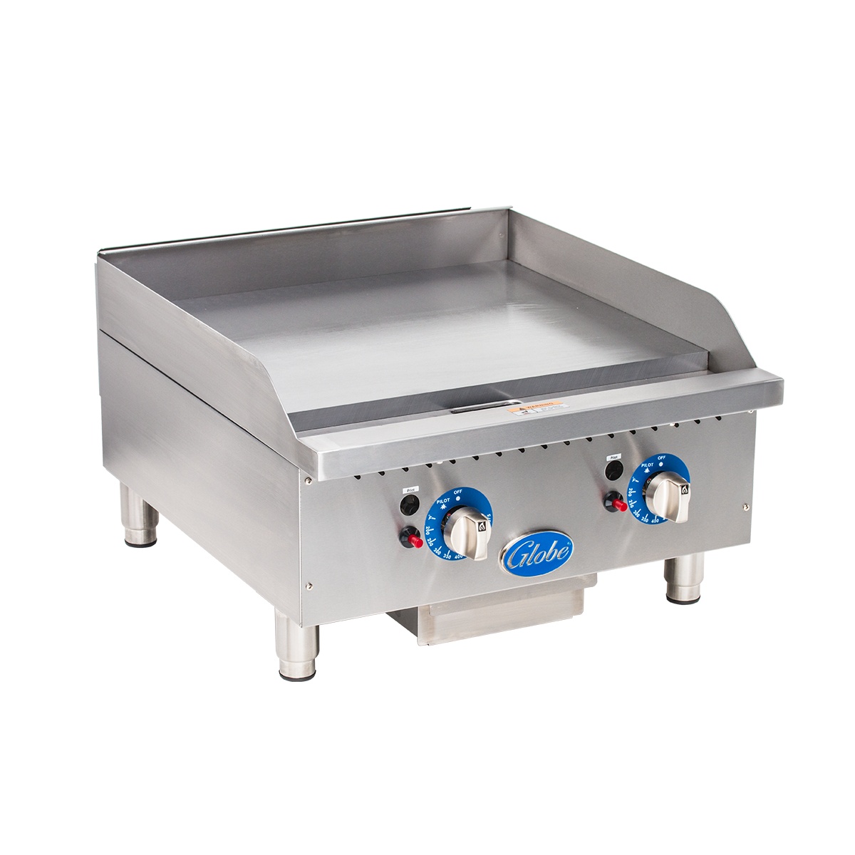 Front three-quarter view of Globe GG24TG 24-inch countertop gas griddle