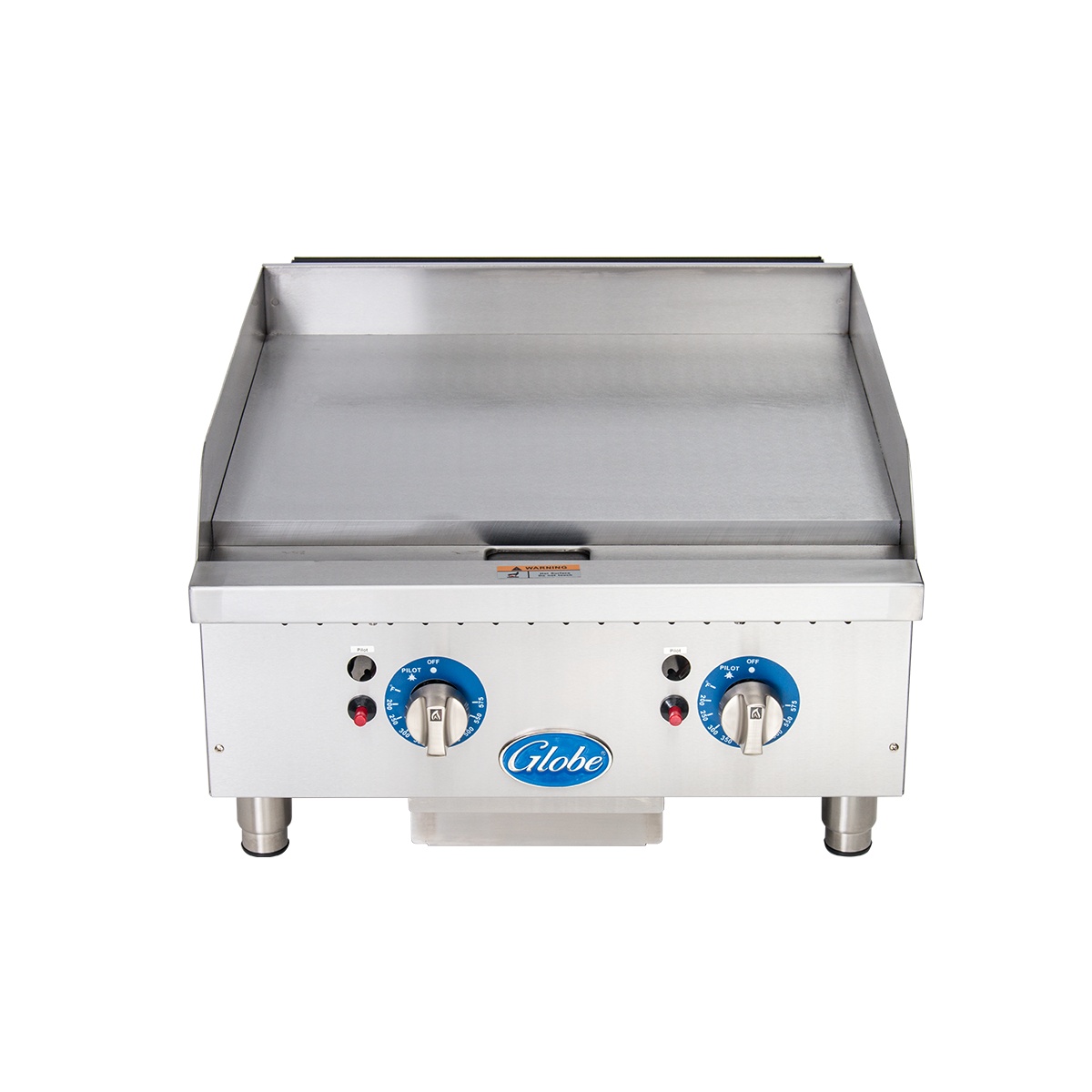 Front view of Globe GG24TG griddle with dual thermostatic controls