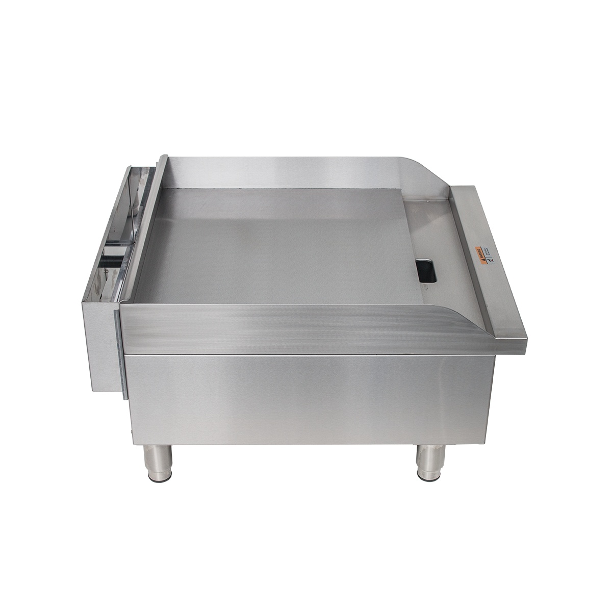 Side view of Globe GG24TG griddle showing the 1-inch thick polished steel plate and splash guards