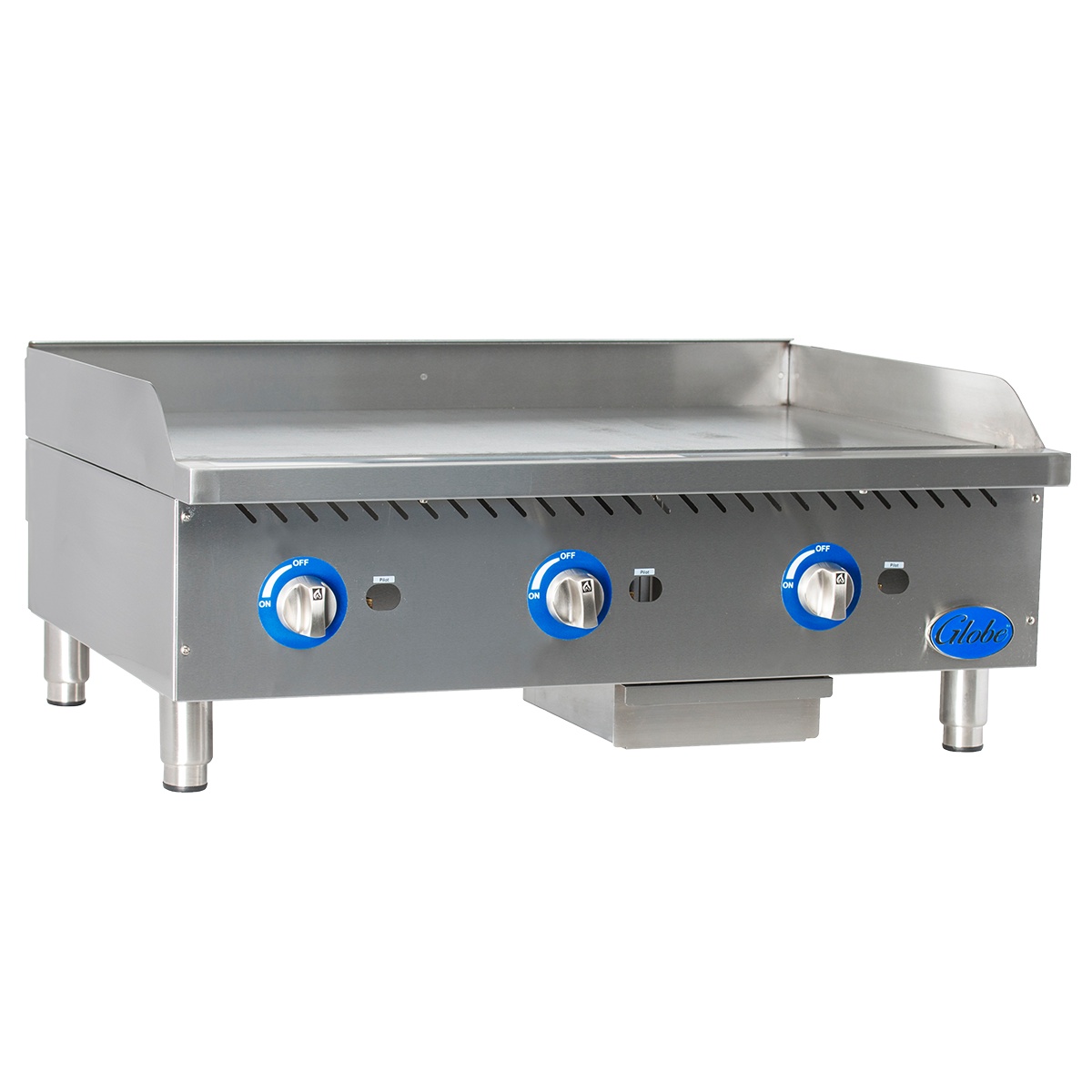 Globe GG36G 36 inch gas griddle front-left view with three control knobs