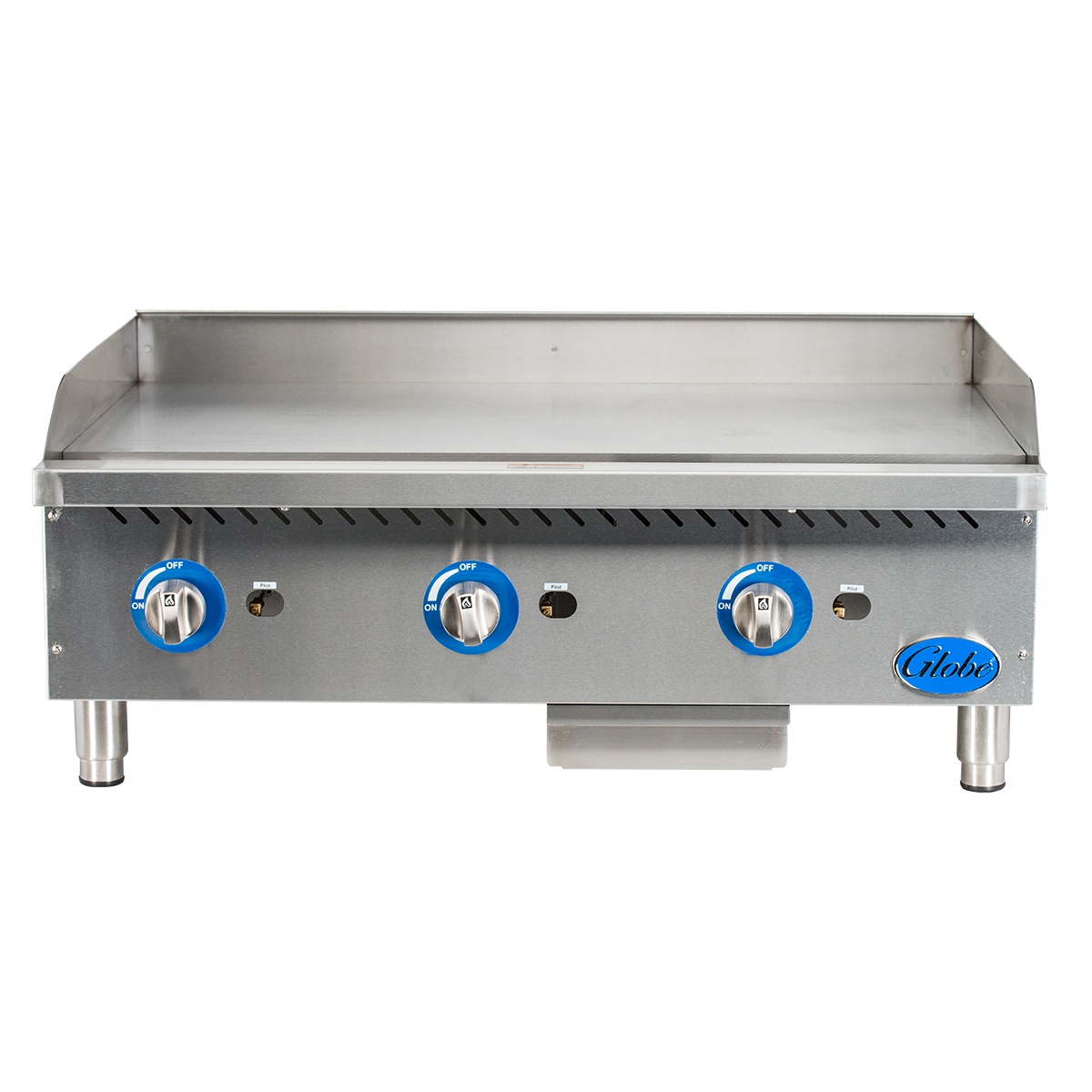 Front view of Globe GG36G countertop gas griddle showing three manual controls and splash guard