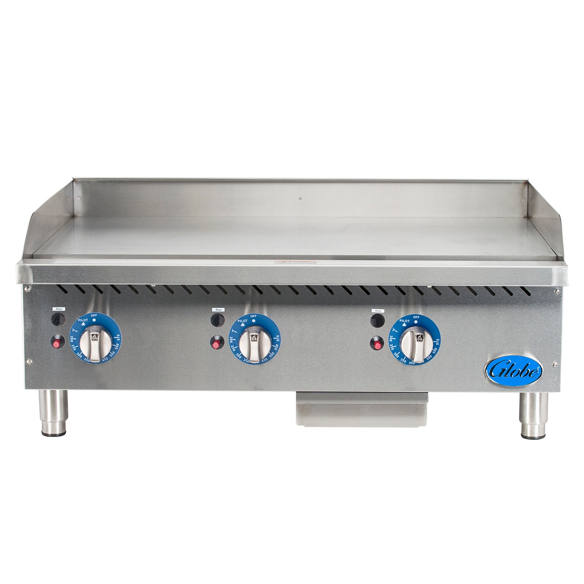 Front view of Globe GG36TG 36-inch thermostatic gas griddle with three control knobs