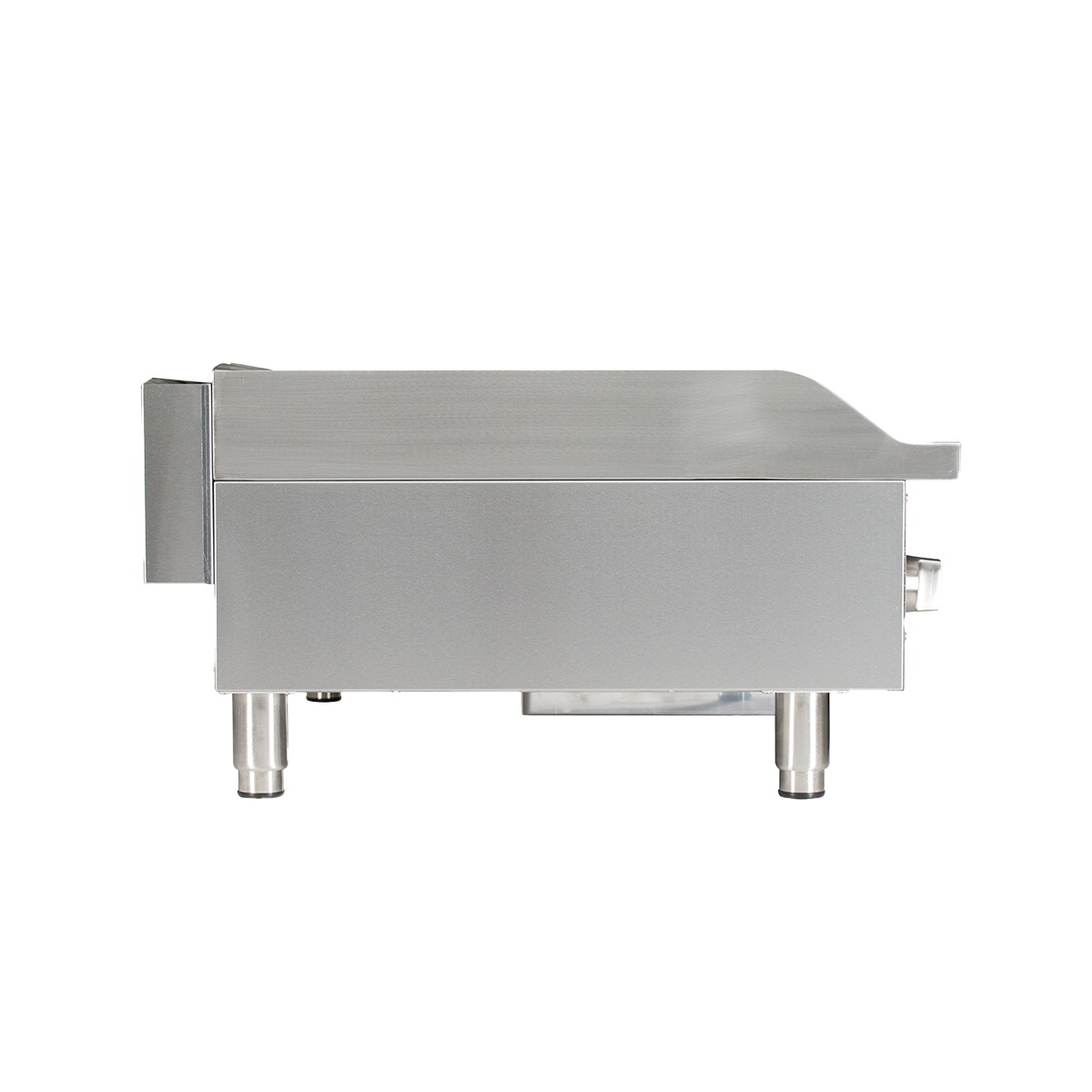 Side view of Globe GG36TG countertop gas griddle showing stainless steel body and legs