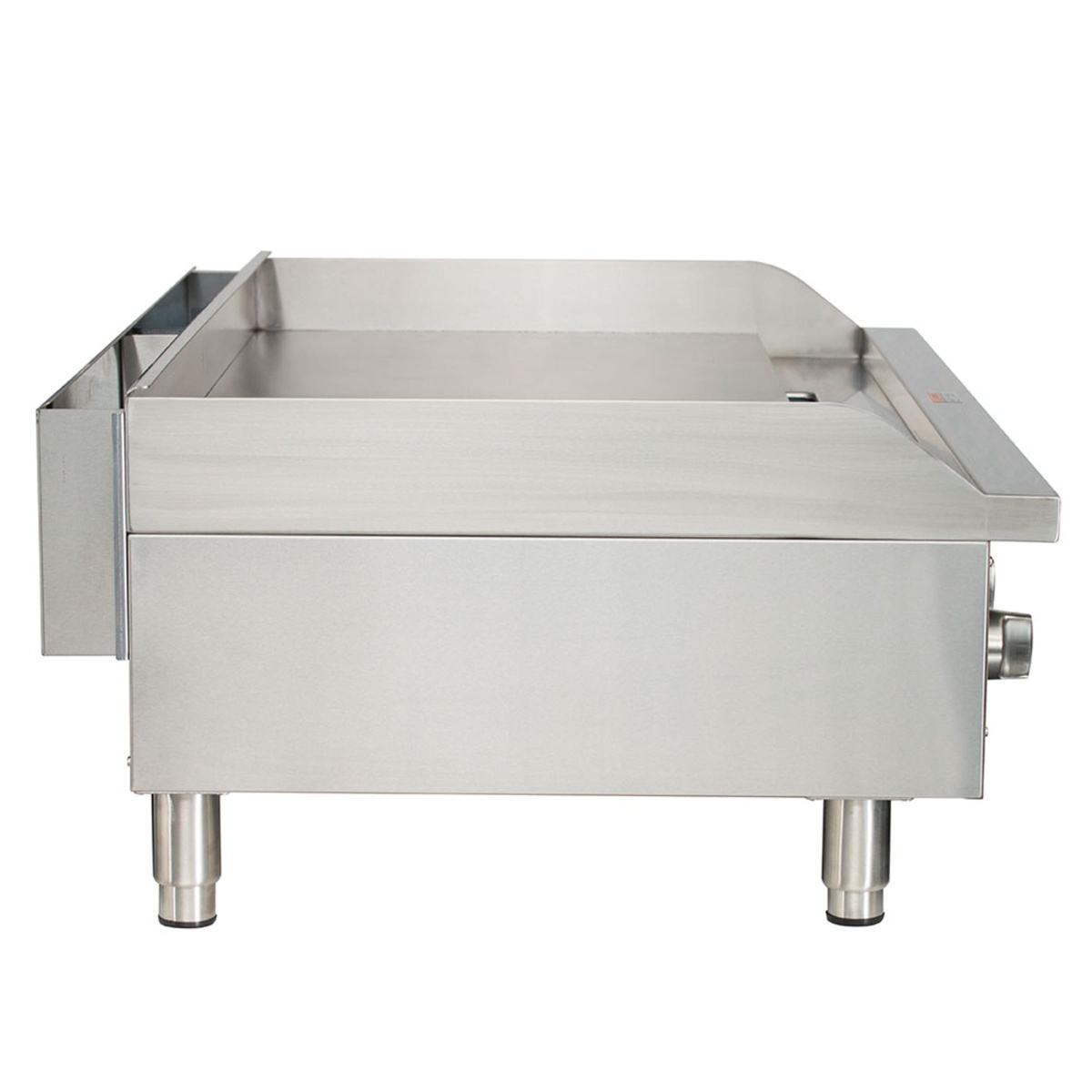 Side view of Globe GG48G countertop gas griddle showing the heavy-duty adjustable legs and splash guard