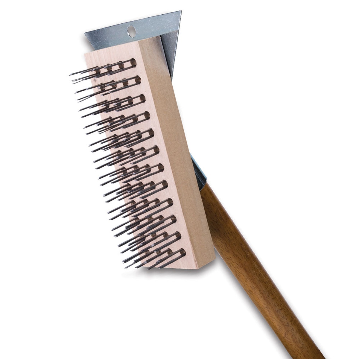 Groovy Grill Brush showing flat wire steel bristles, wooden handle, and metal scraper blade