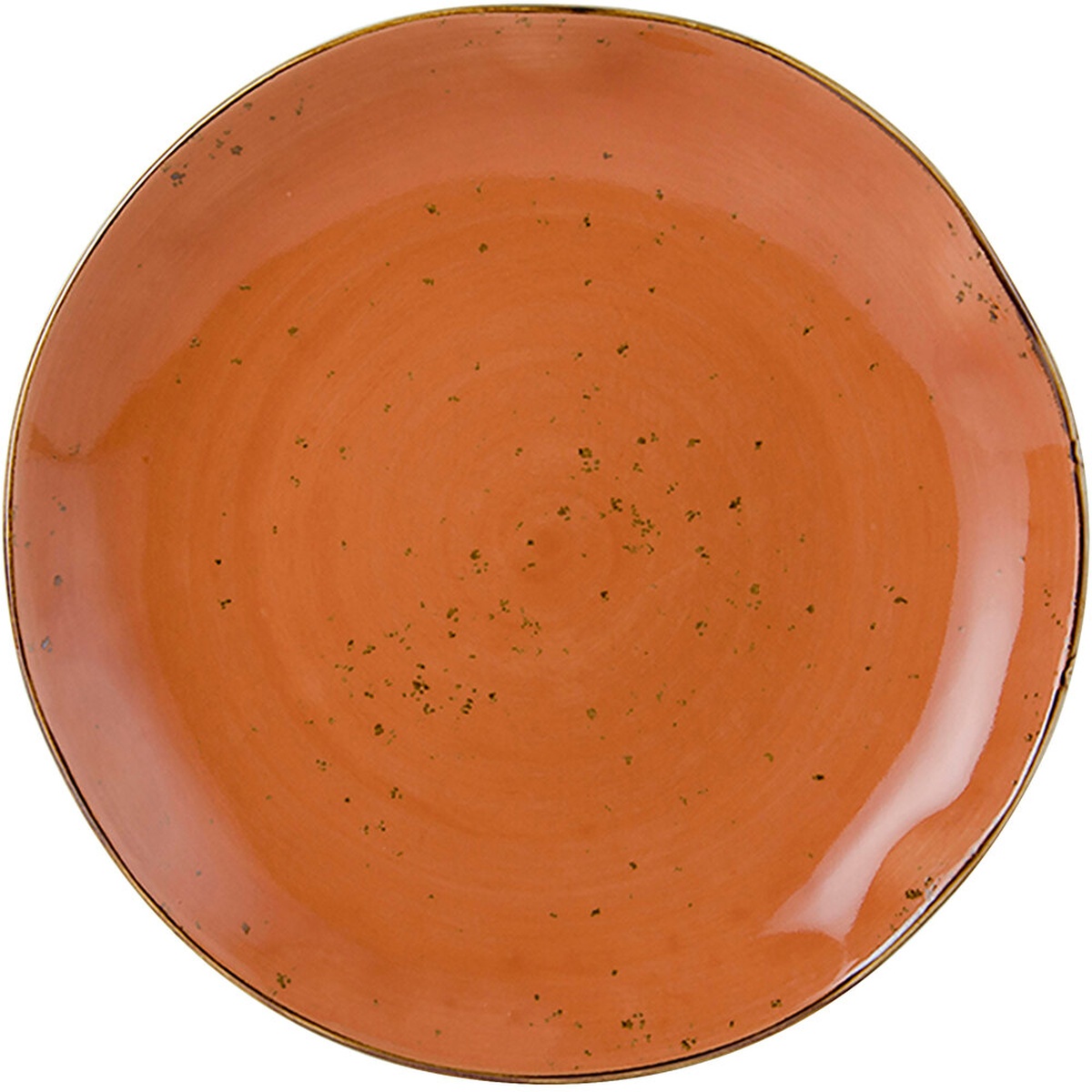Tuxton GGC-006 TuxTrendz Artisan Geode Coral 10-1/4 inch round china plate, top view showing speckled coral glaze
