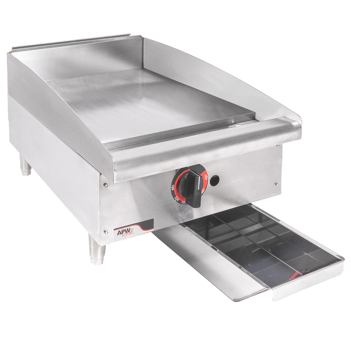 Angled view of APW Wyott GGT-18S countertop griddle with grease drawer