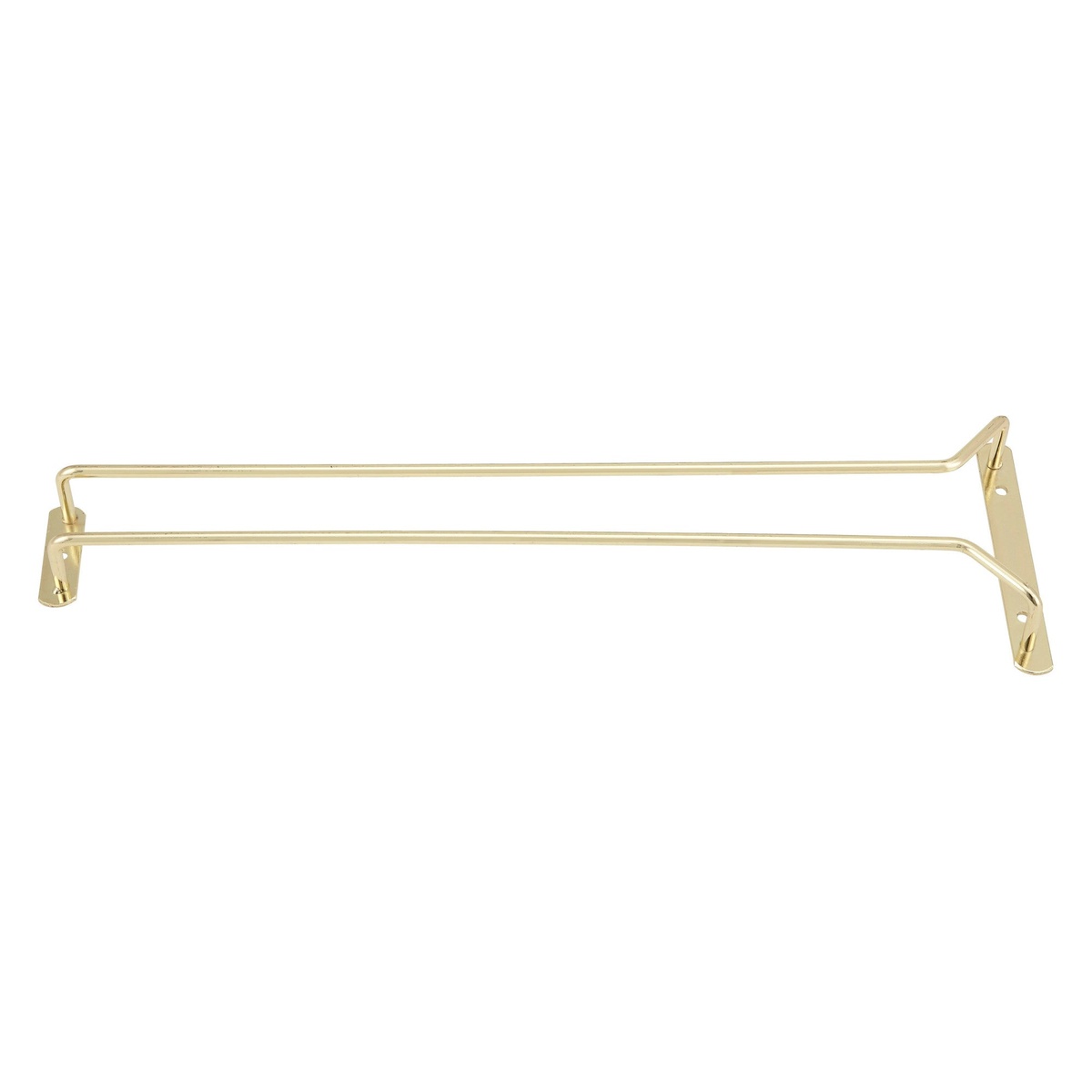 Winco GH-16 16-inch brass-plated single channel wire glass hanger showing two parallel rails and flat mounting brackets