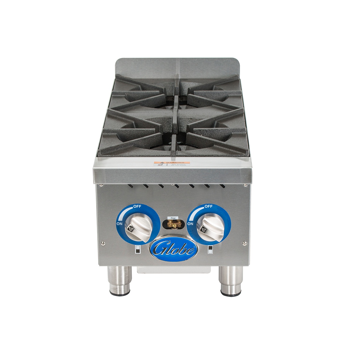 Front view of Globe GHP12G hot plate with two control knobs