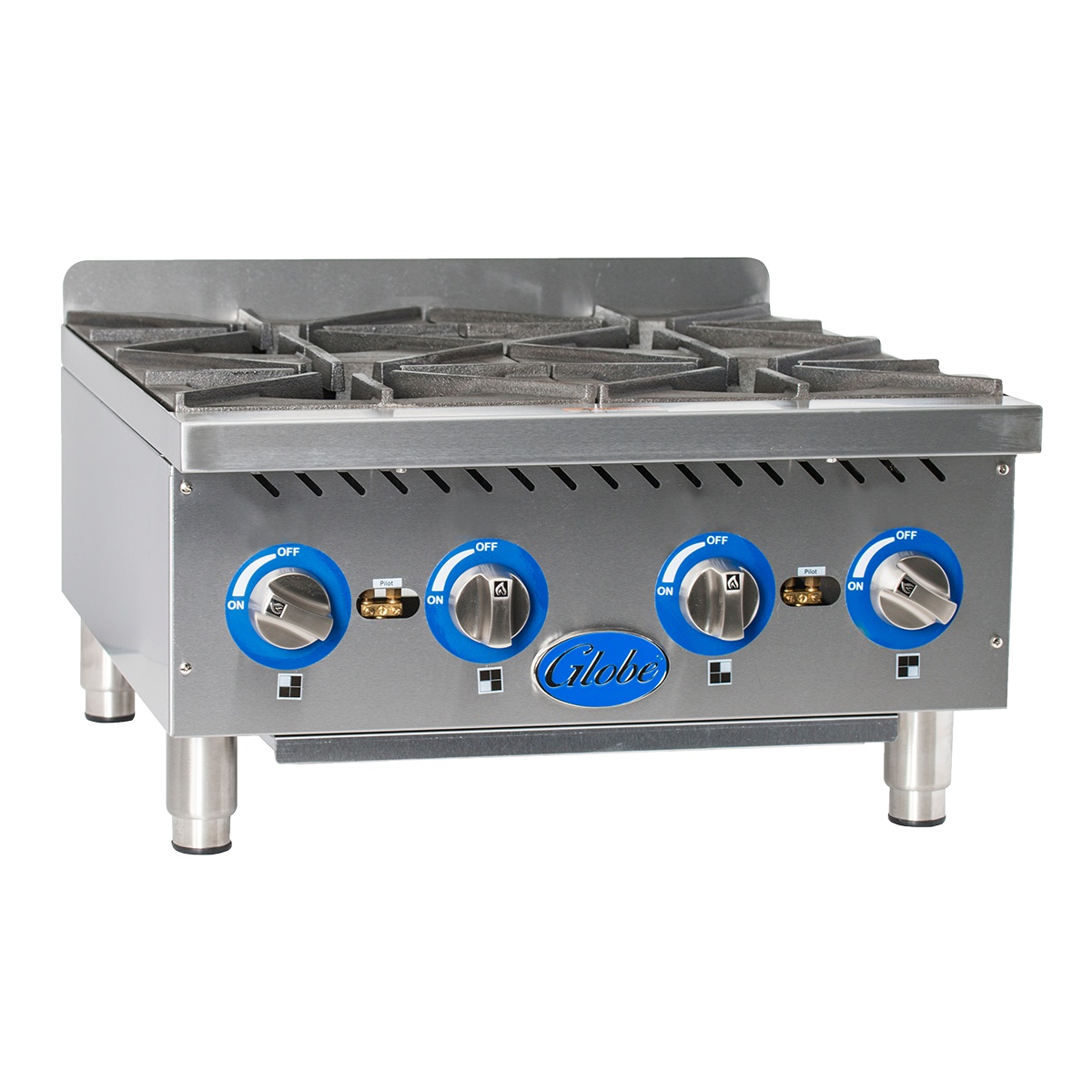 Angled front view showing control panel and burners on Globe GHP24G countertop hot plate