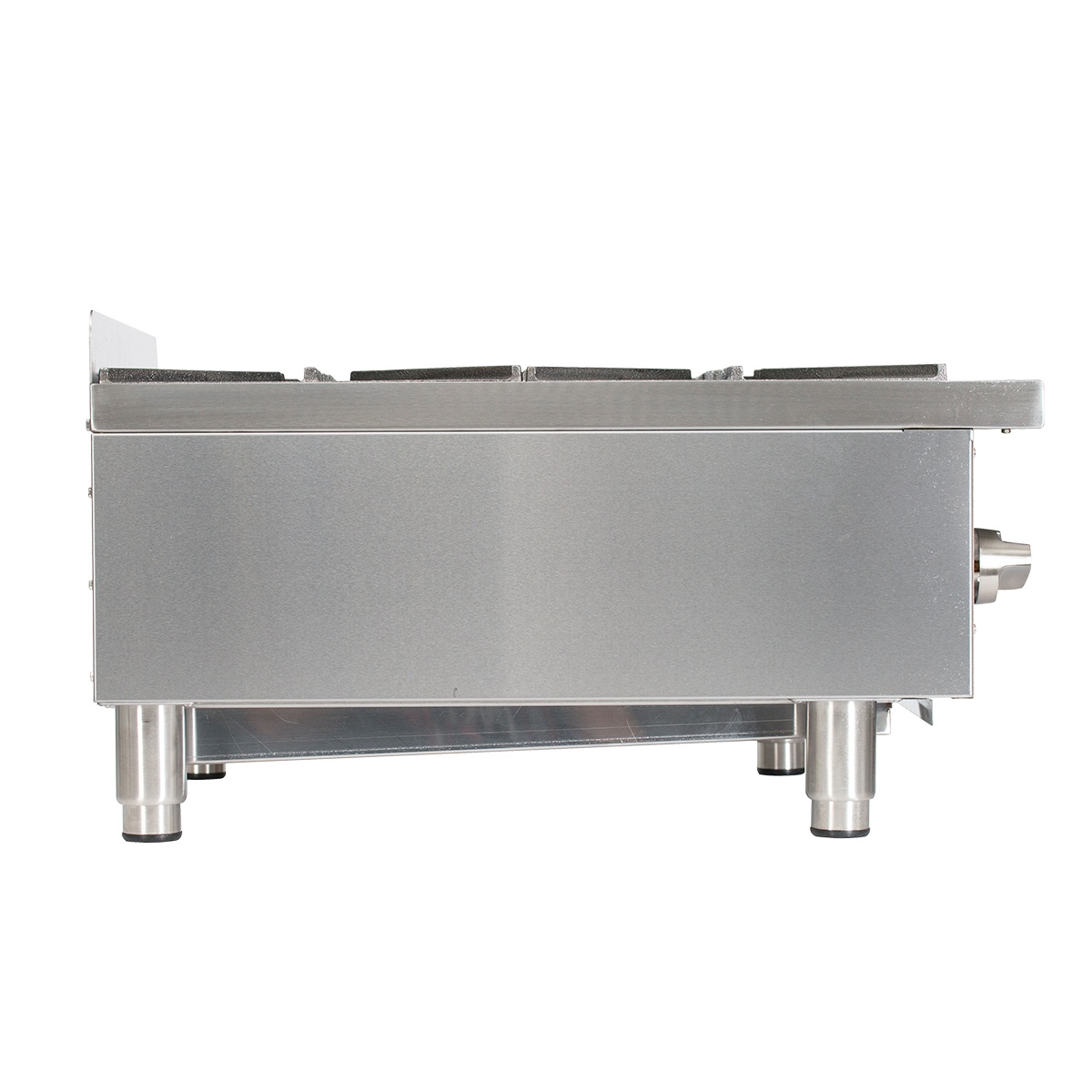 Side view of Globe GHP24G countertop gas hot plate showing stainless steel body and adjustable legs