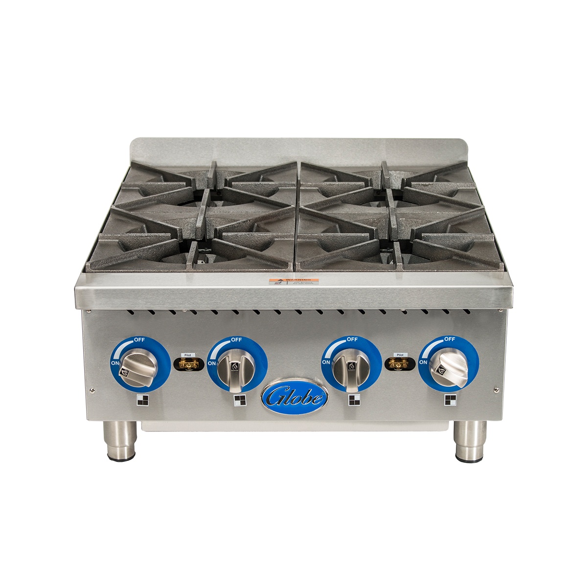 Front view of Globe GHP24G 4-burner countertop gas hot plate with cast iron grates and control knobs