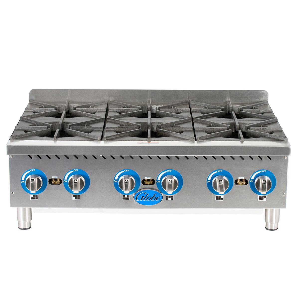 Front view of the Globe GHP36G 36 inch countertop gas hot plate with six control knobs