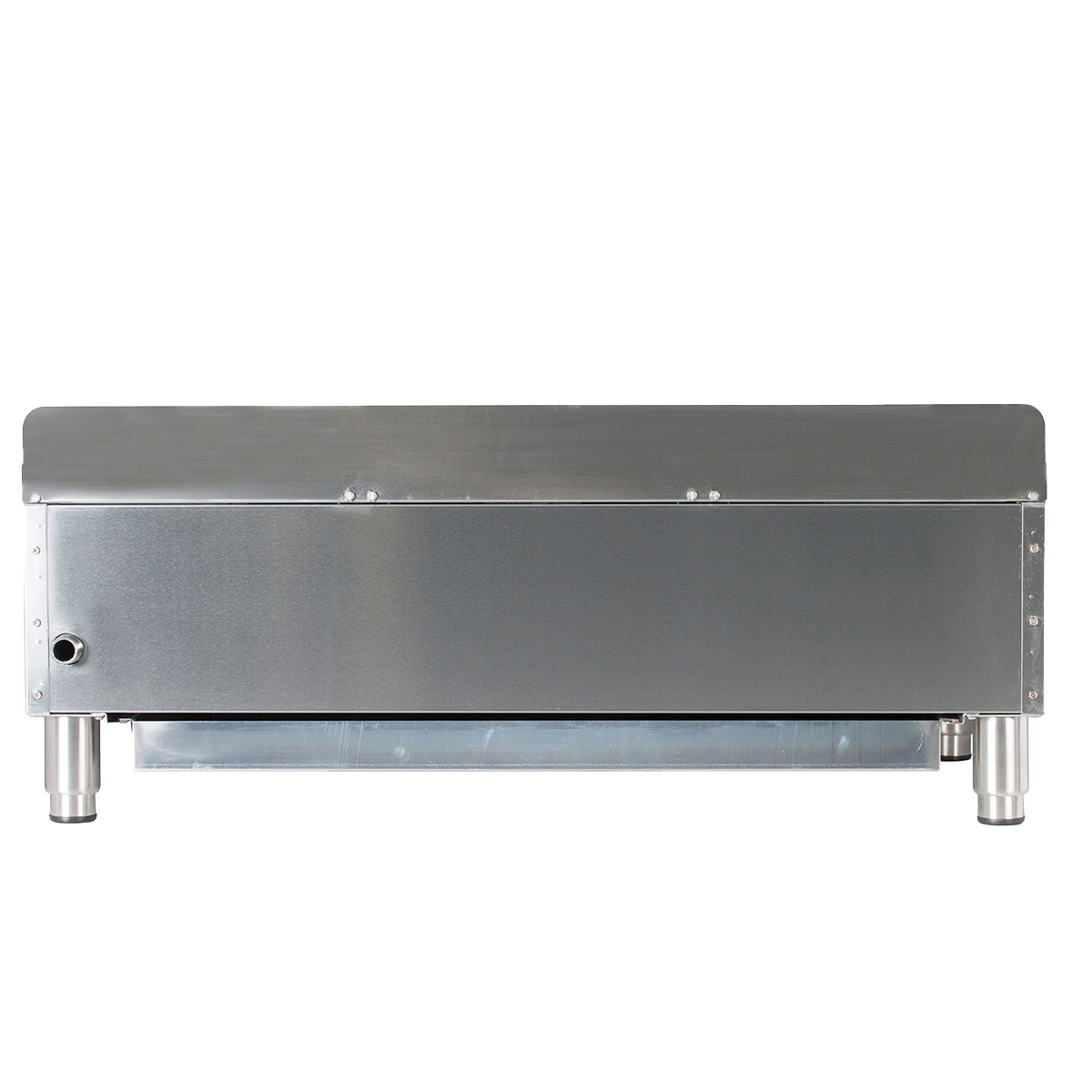 Rear view of the Globe GHP36G countertop hot plate with stainless steel back panel and legs