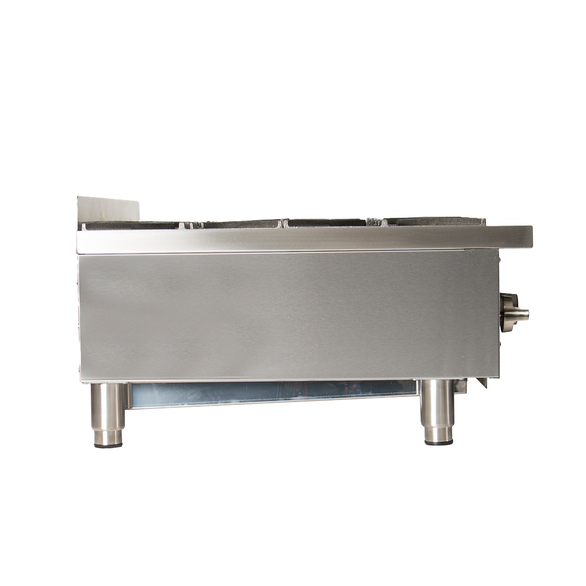 Side profile of the Globe GHP36G hot plate showing stainless steel construction and adjustable legs