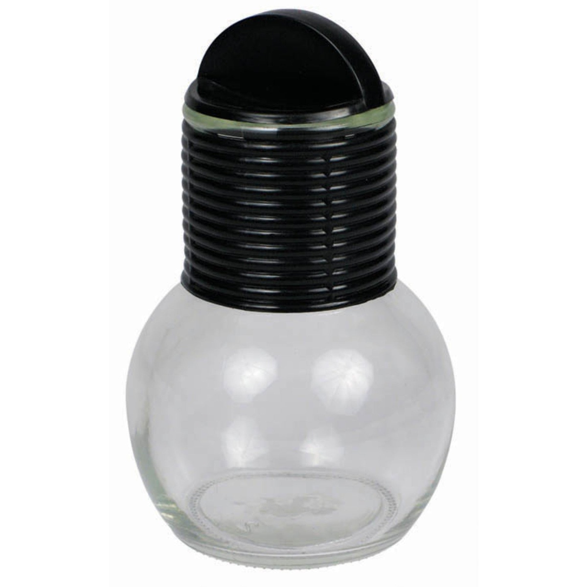 Winco GHT-10 10 oz clear glass hottle with black ribbed plastic band and dome lid