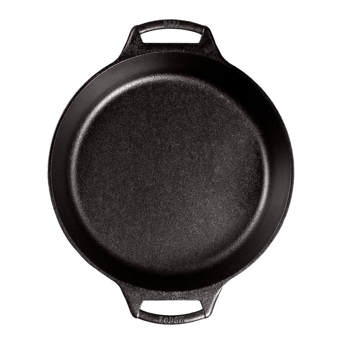 Top-down view of seasoned cast iron baker's skillet with dual handles