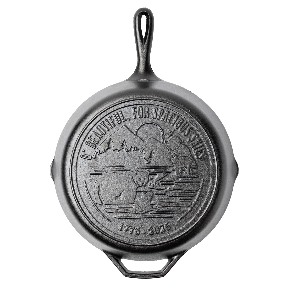 Lodge 12 inch seasoned cast iron skillet with Spacious Skies artwork on the bottom
