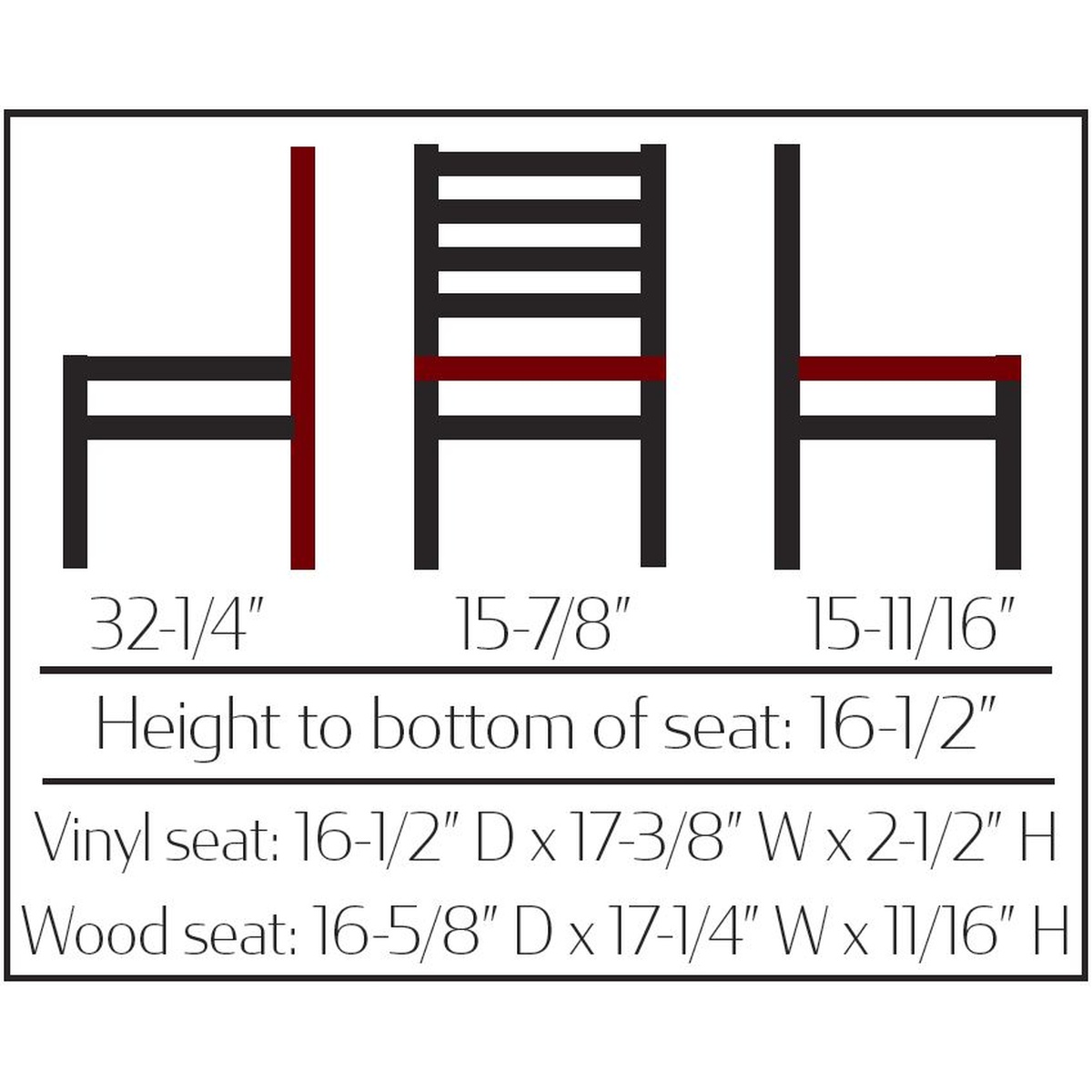 Spec diagram showing ladderback chair dimensions: 32-1/4 inch height, 15-7/8 inch width, 15-11/16 inch depth, with seat measurements
