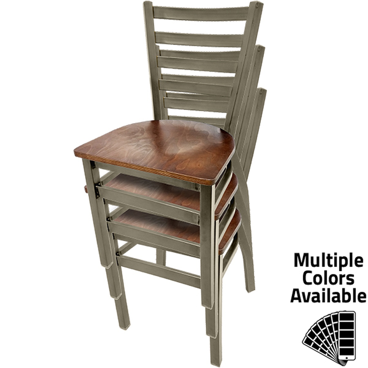 Stacked Oak Street ladderback chairs with wood seats and clear coat metal frame