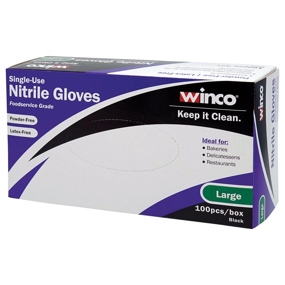 Winco single-use nitrile gloves product box showing Large size, 100 pieces per box, powder-free and latex-free labels