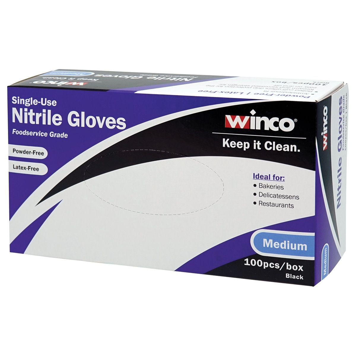 Winco GLN-MB single-use nitrile gloves retail box, medium, 100 pieces per box, powder-free and latex-free