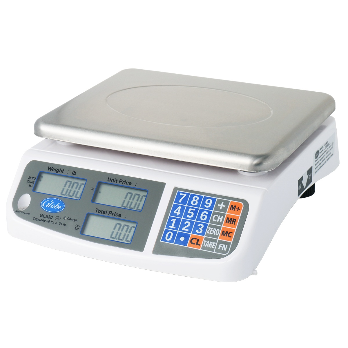 Globe GLS30 price computing scale angled front view showing stainless steel platter, dual LCD display, and keypad