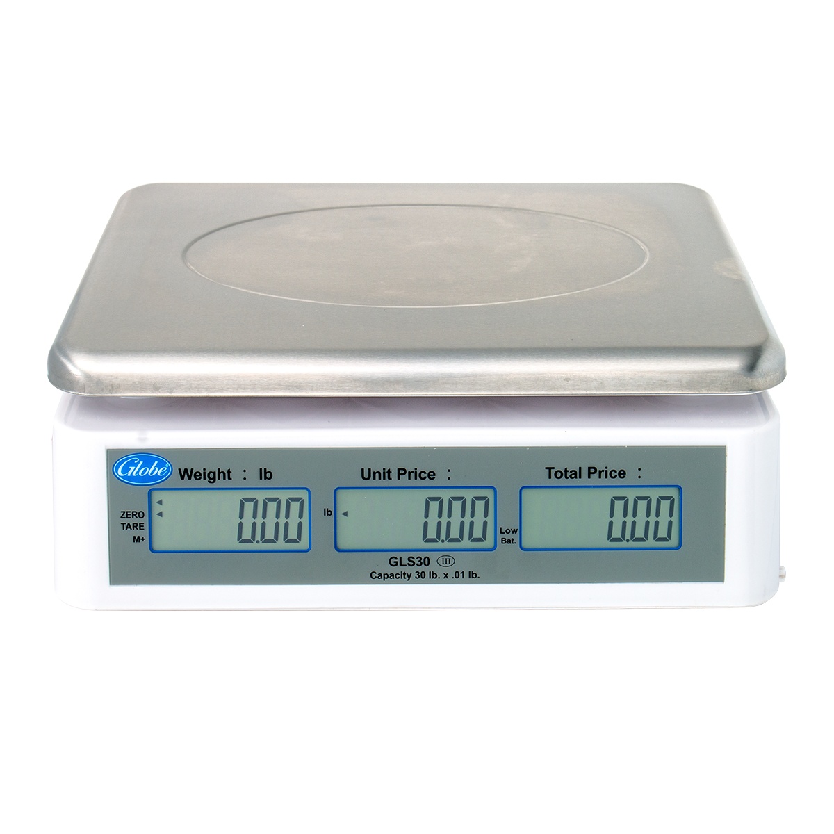 Globe GLS30 scale customer-facing side showing three LCD displays for weight, unit price, and total price