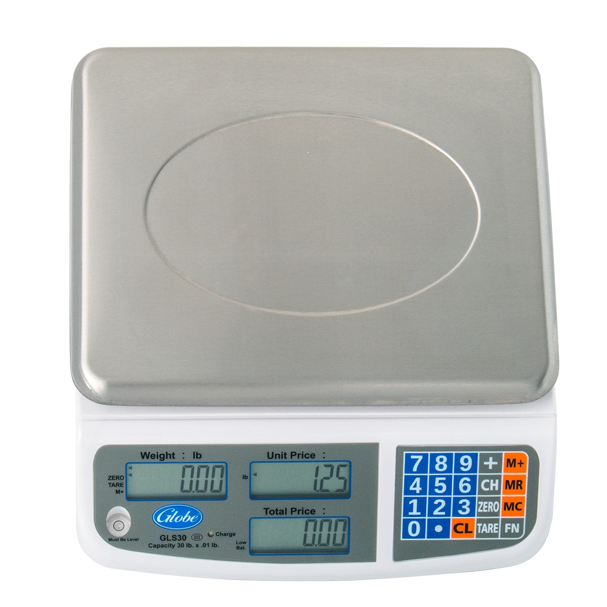 Globe GLS30 scale top and front view showing stainless steel recessed platter and LCD display with keypad