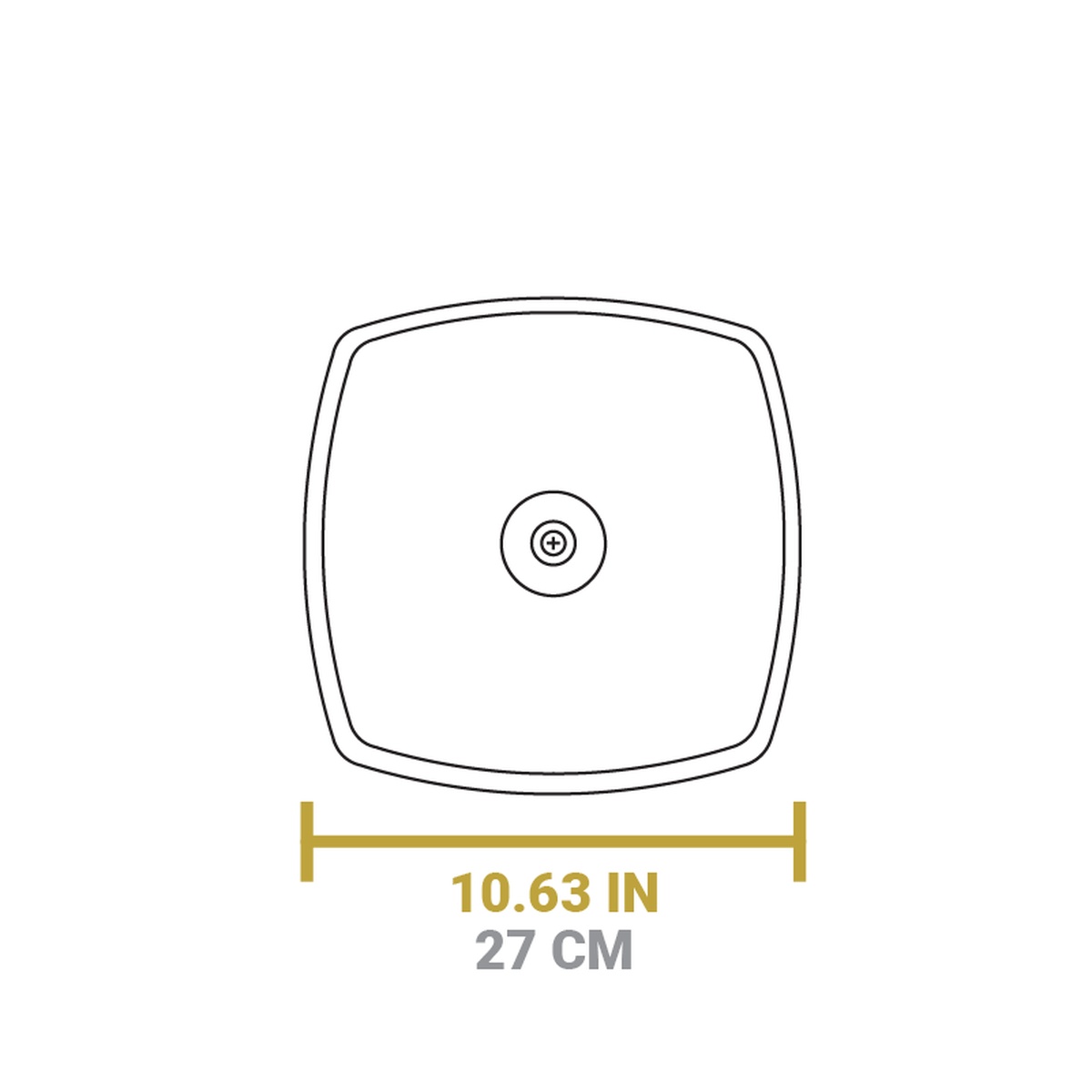 Top-view dimension diagram of Lodge square glass lid showing 10.63 inch width