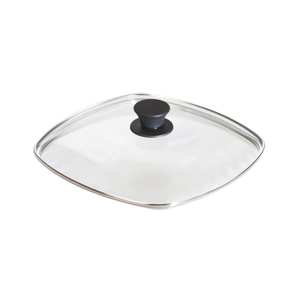 Lodge 10.5 inch square tempered glass lid with silicone knob and stainless steel rim on white background