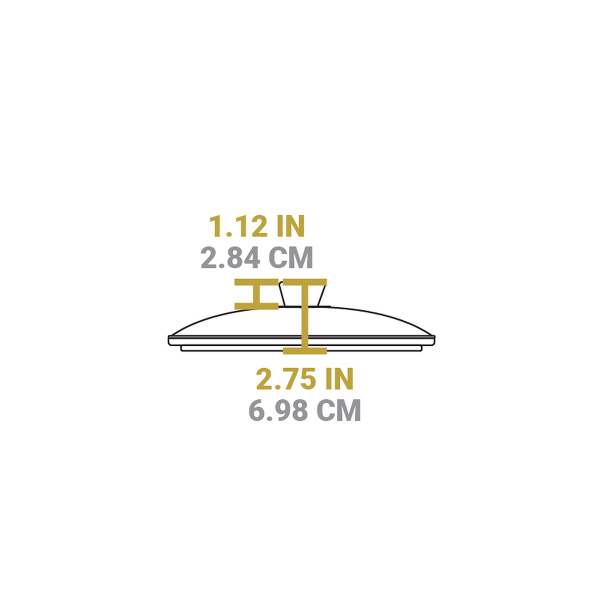 Side-view dimension diagram of Lodge square glass lid showing 2.75 inch total height and 1.12 inch knob height