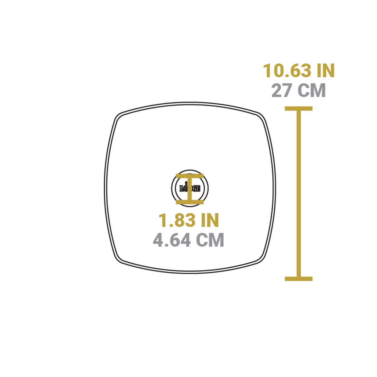 Top-view dimension diagram of Lodge square glass lid showing 10.63 inch length and 1.83 inch knob diameter