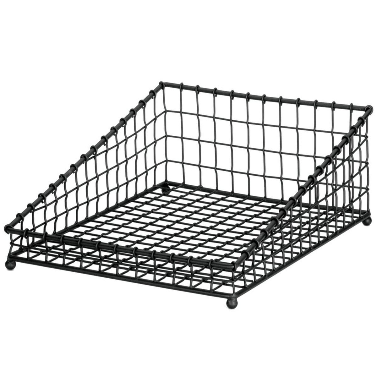 TableCraft GM1519 angled rectangular black wire basket with tall back wall and low front, shown on white background