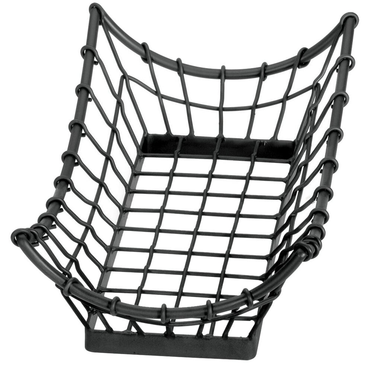 TableCraft GM1608 rectangular black powder coated metal wire basket, angled view showing open wire grid sides and solid base