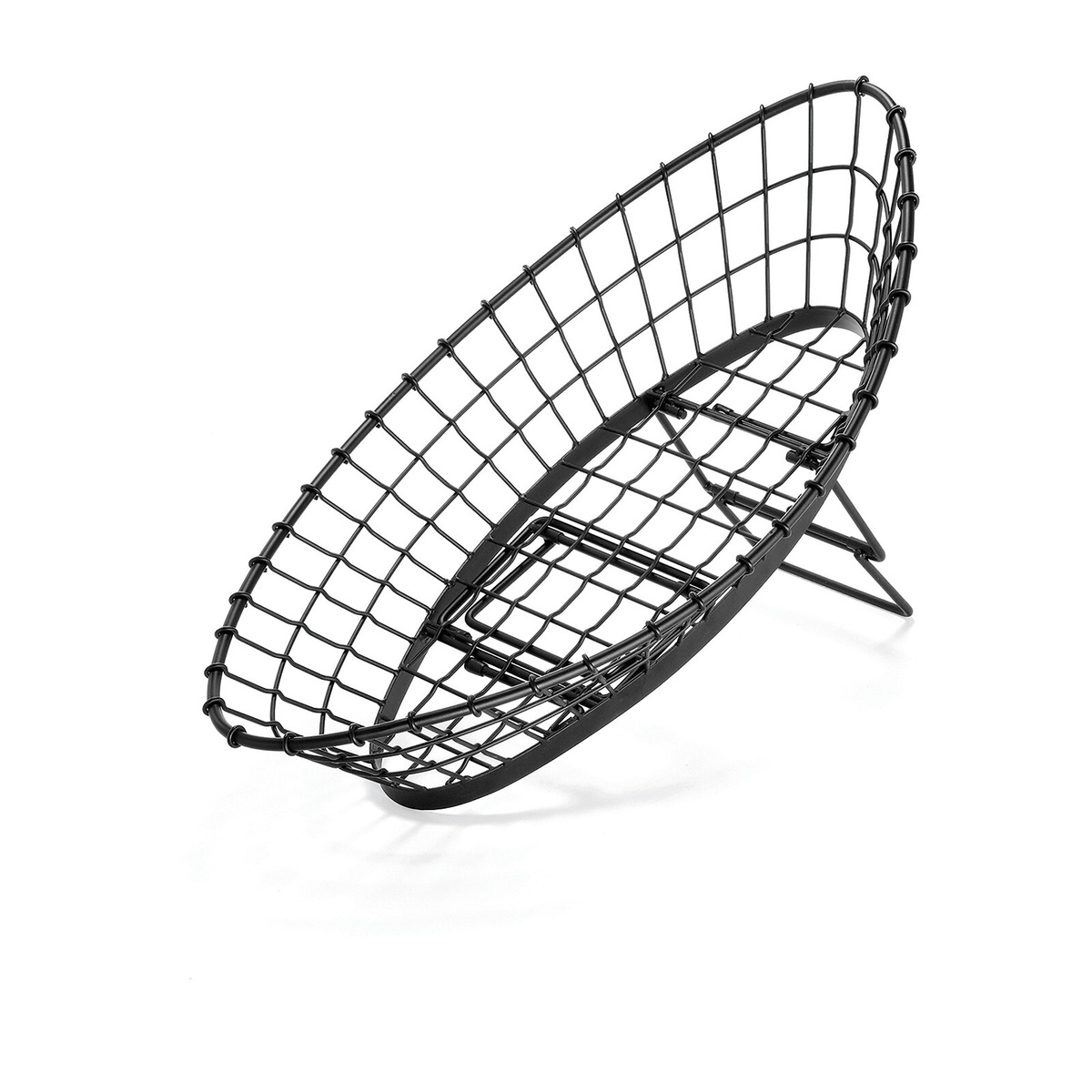 TableCraft GMT2412 oblong black wire basket shown at a steep angle on adjustable legs, white background