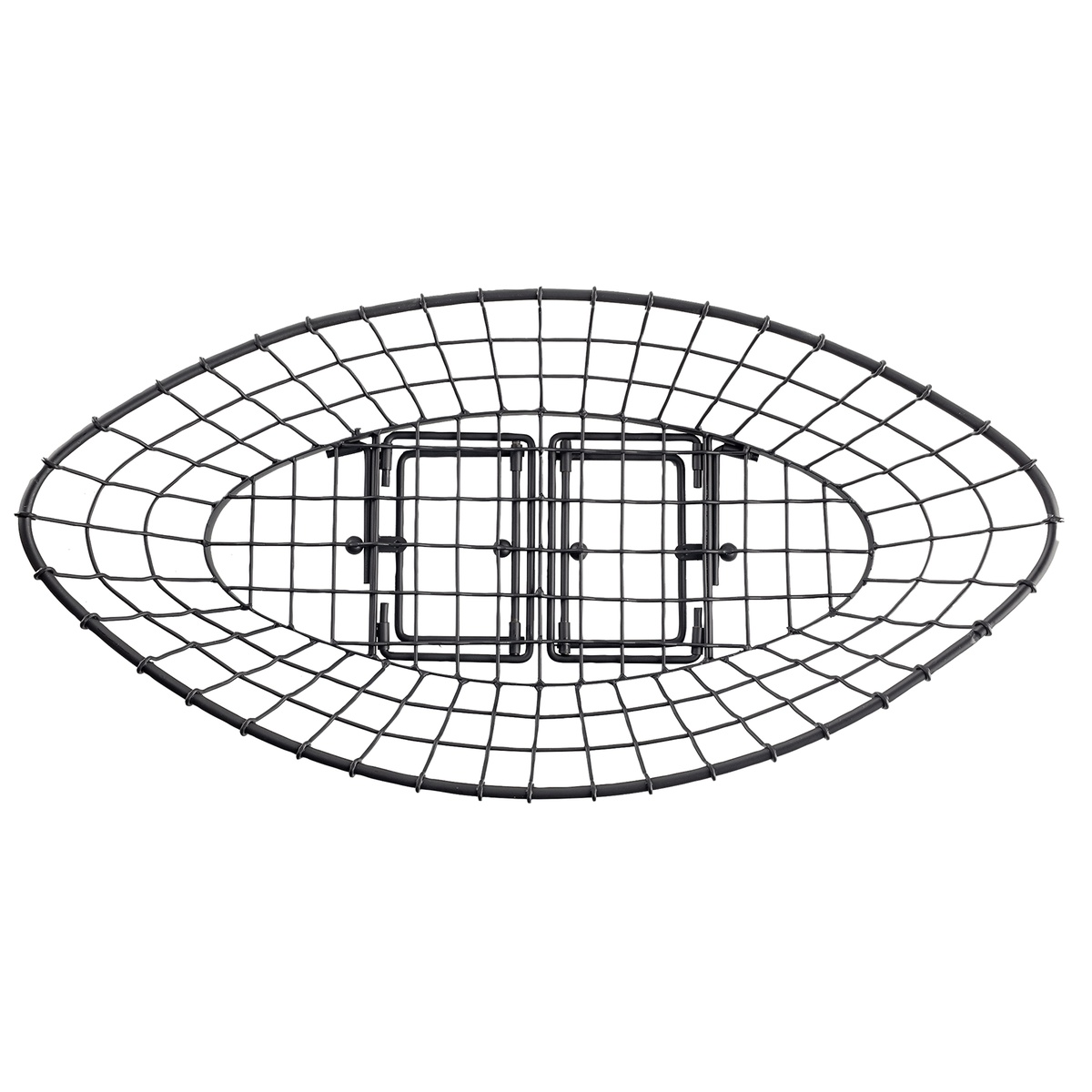 TableCraft GMT2412 oblong black wire basket viewed from above, showing wire grid base and folded adjustable legs