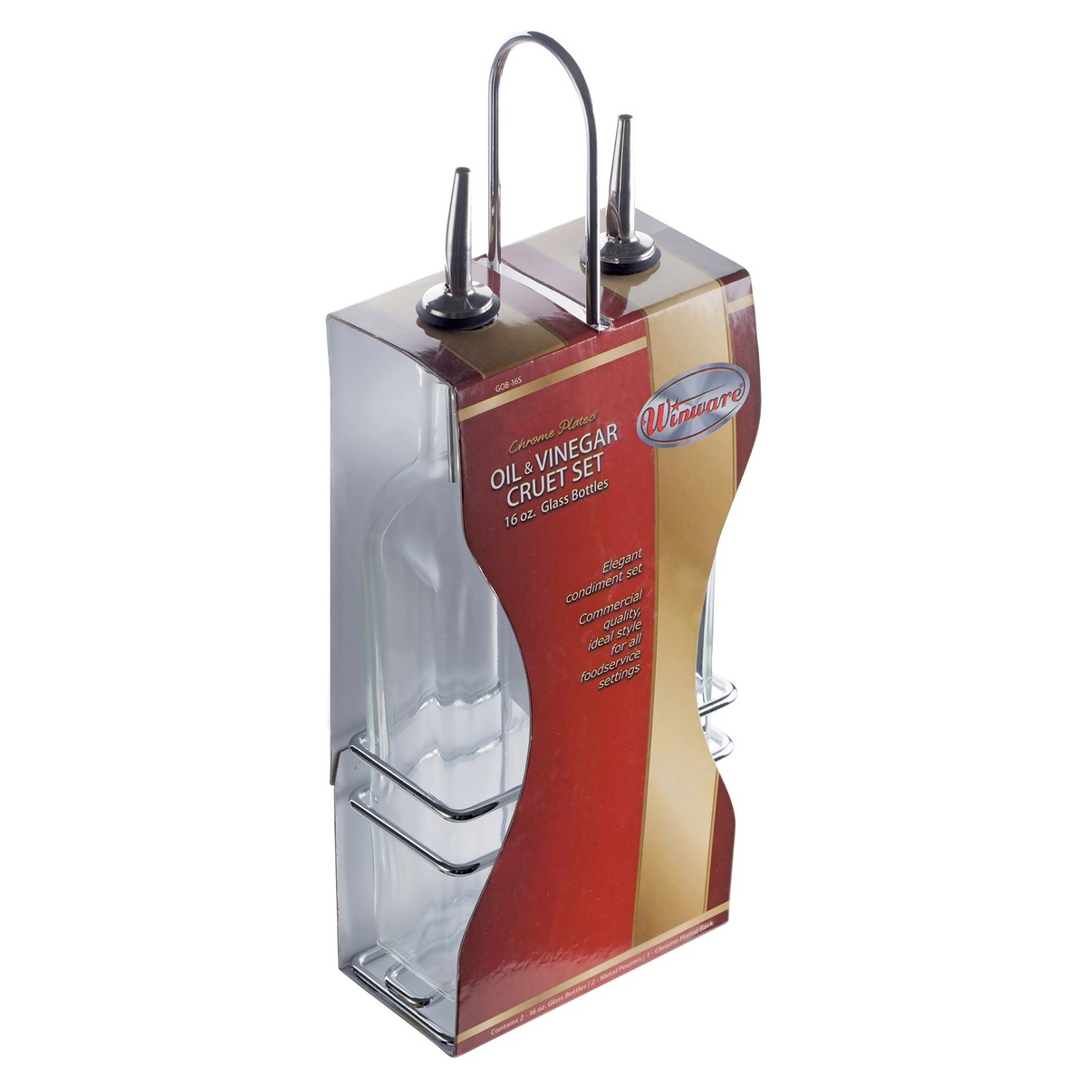 Winco GOB-16 oil and vinegar cruet set in its original retail packaging box showing the chrome plated rack and two glass bottles