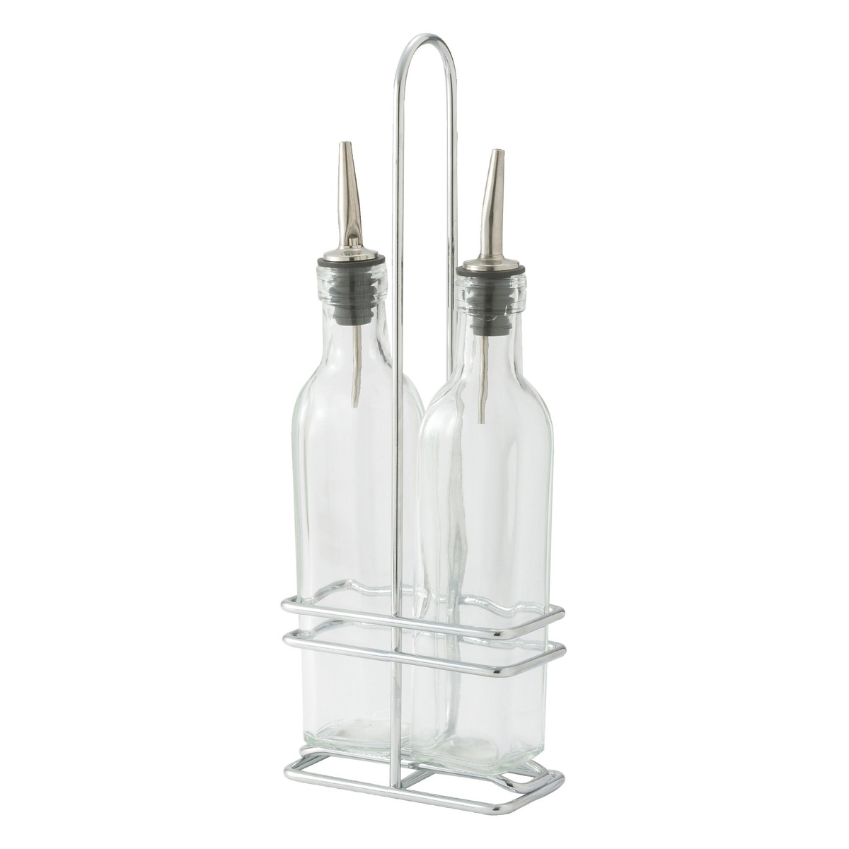 Winco GOB-16 oil and vinegar cruet set showing two clear glass bottles with stainless steel pourers in a chrome plated rack