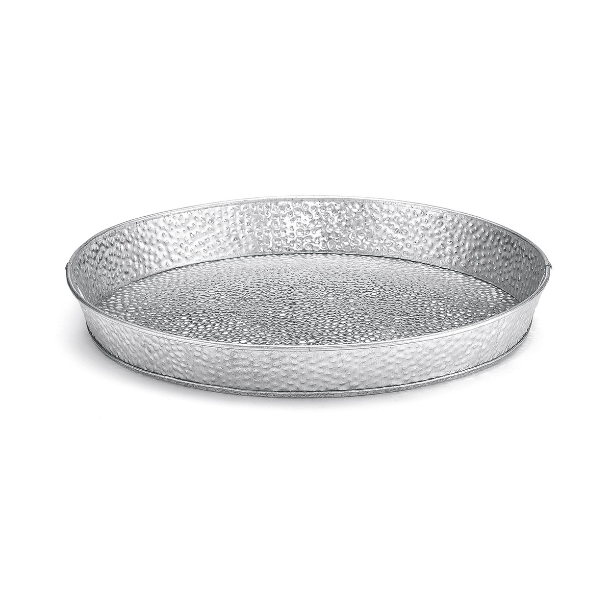 TableCraft GP10 galvanized steel round dinner platter, angled view showing pebble texture and raised rim