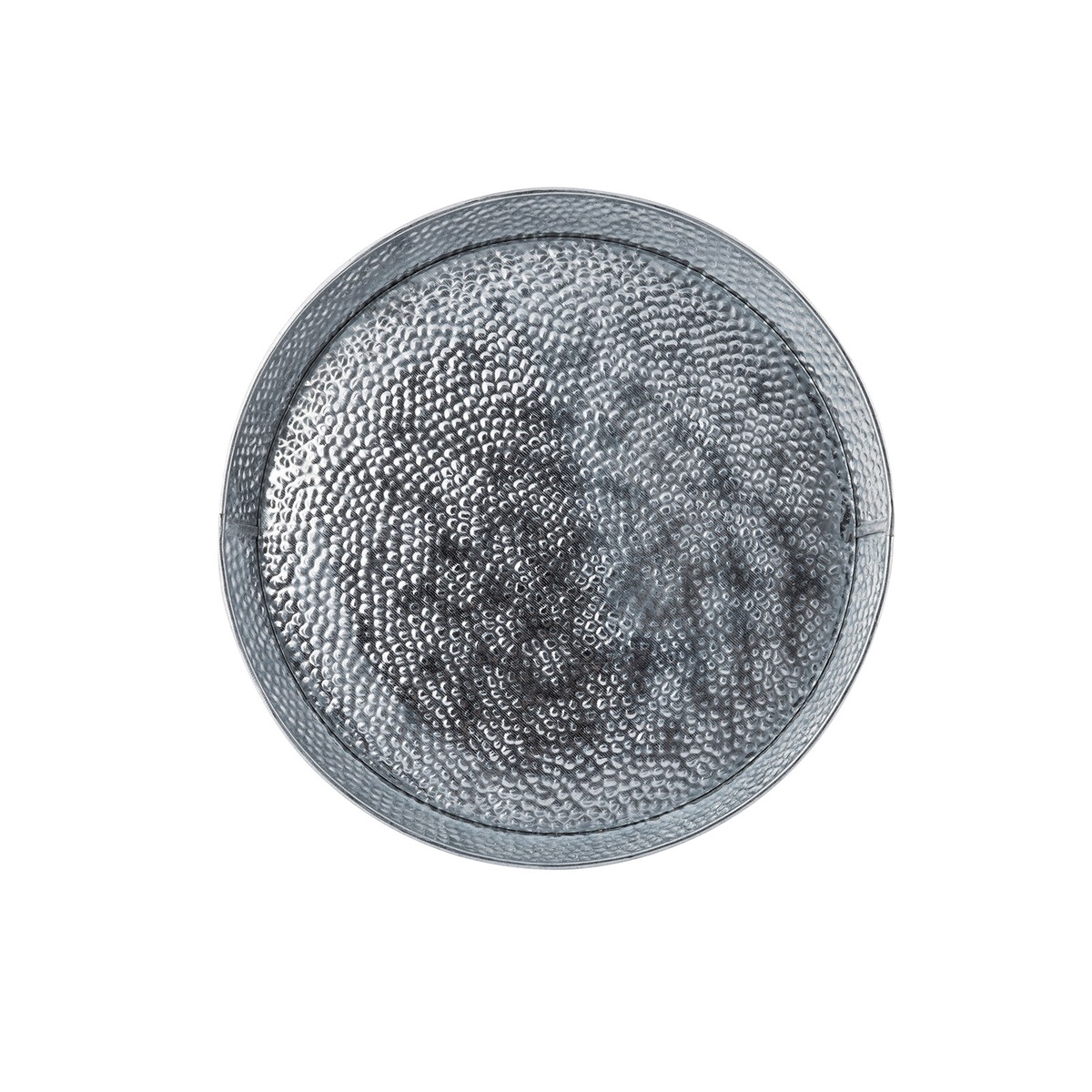 TableCraft GP10 galvanized steel round dinner platter, overhead view displaying full pebble texture across surface