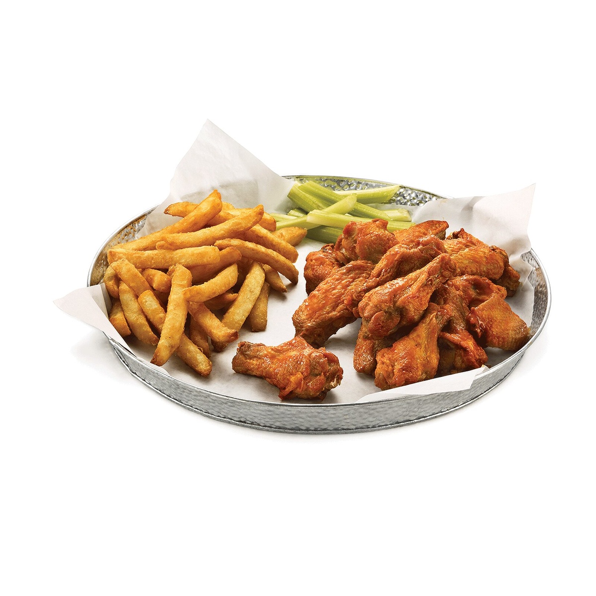 TableCraft GP12 galvanized round platter loaded with buffalo wings, french fries, and celery sticks on white background