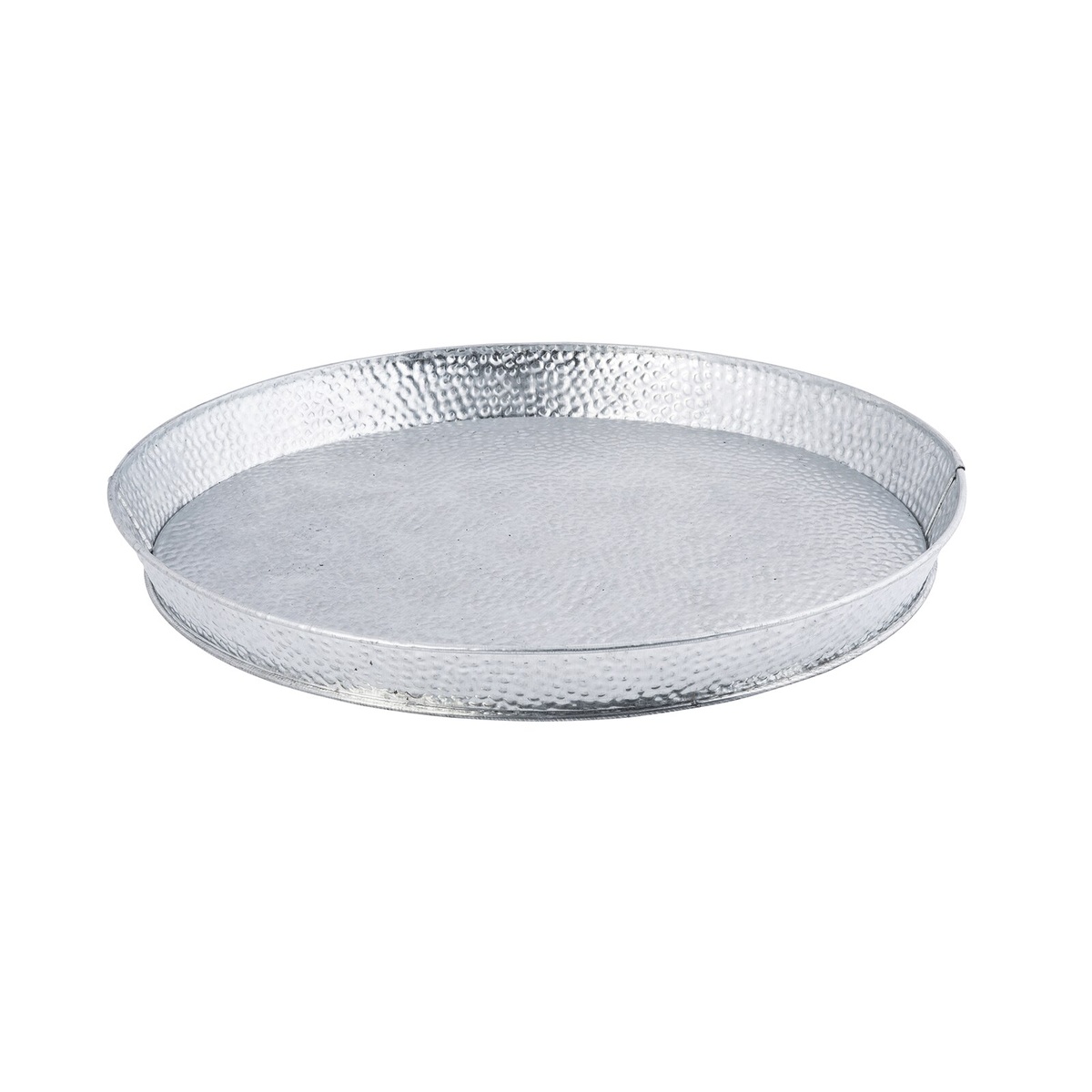 TableCraft GP12 12-inch round galvanized steel diner platter, angled front view showing pebble texture