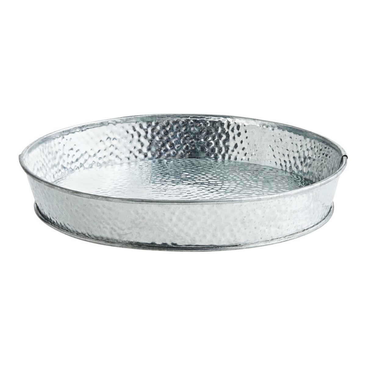 TableCraft GP8 round galvanized steel dinner platter with hammered pebbled texture, shown from above on white background
