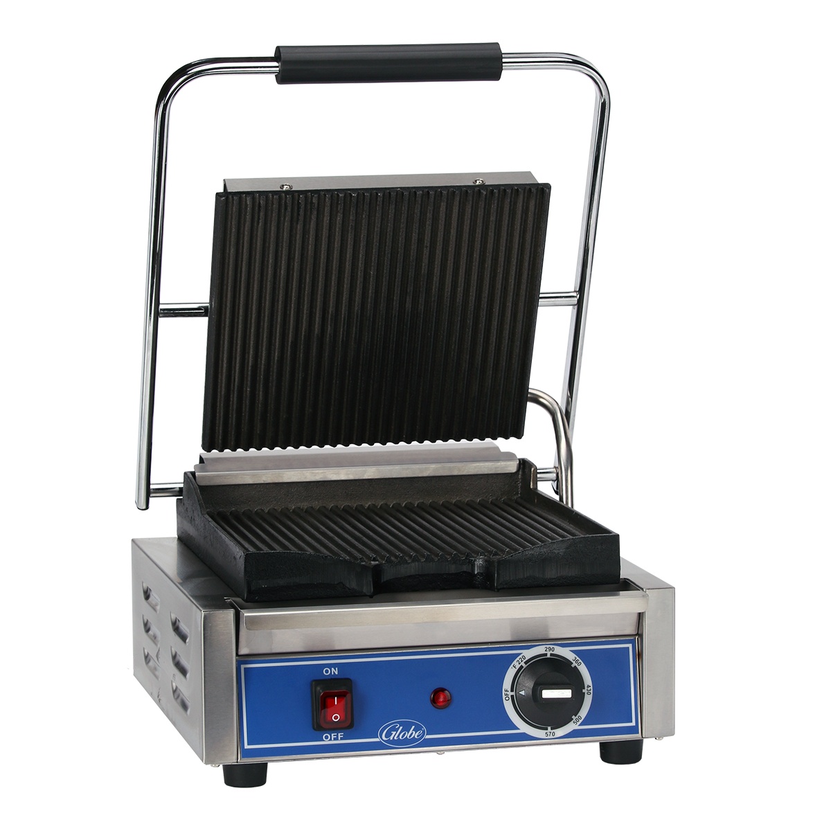 Globe GPG10 countertop panini grill with grooved cast iron plates and temperature dial
