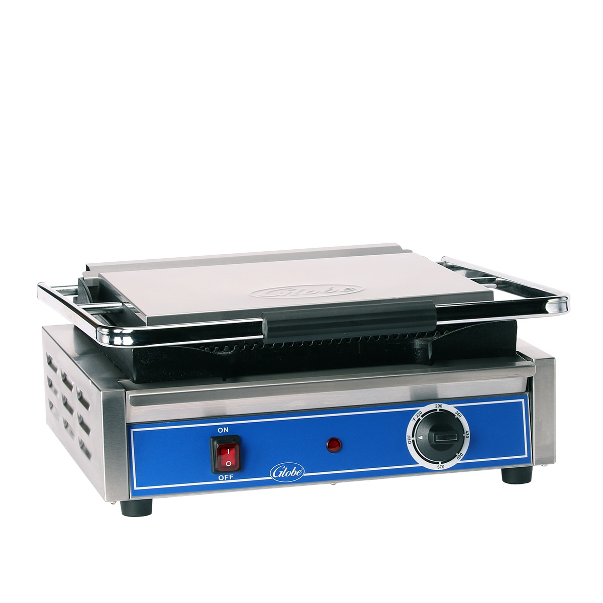 Globe GPG1410 panini grill closed with low profile stainless steel body