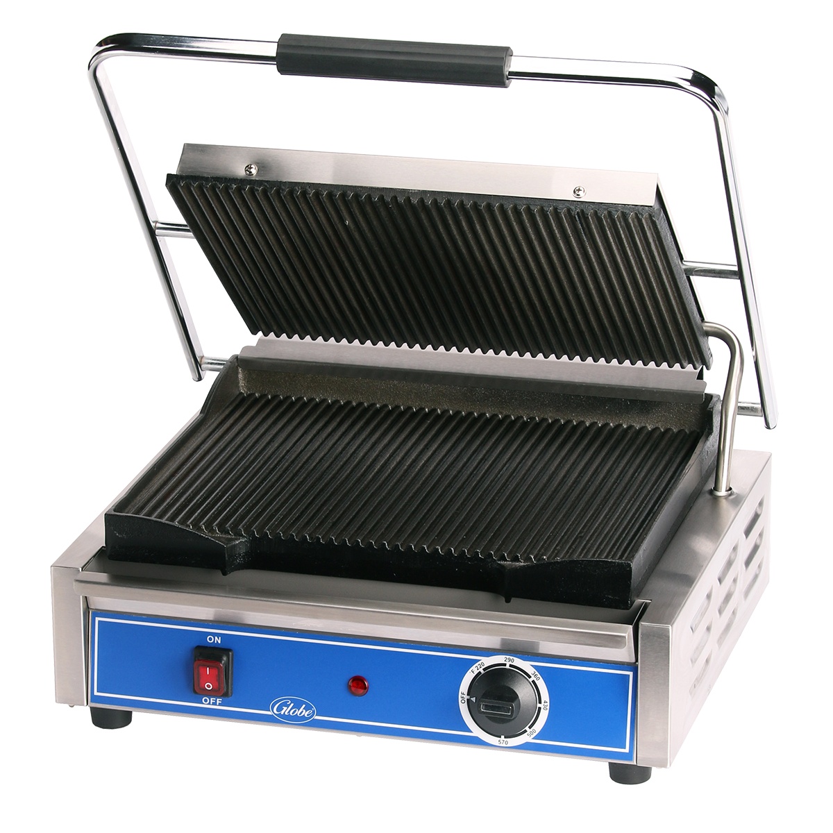 Globe GPG1410 panini grill open showing grooved top and bottom cast iron plates