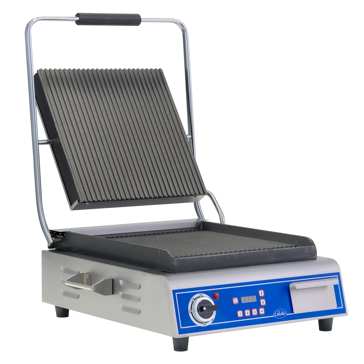 Angled view of Globe GPG14D panini grill showing adjustable top plate and control panel
